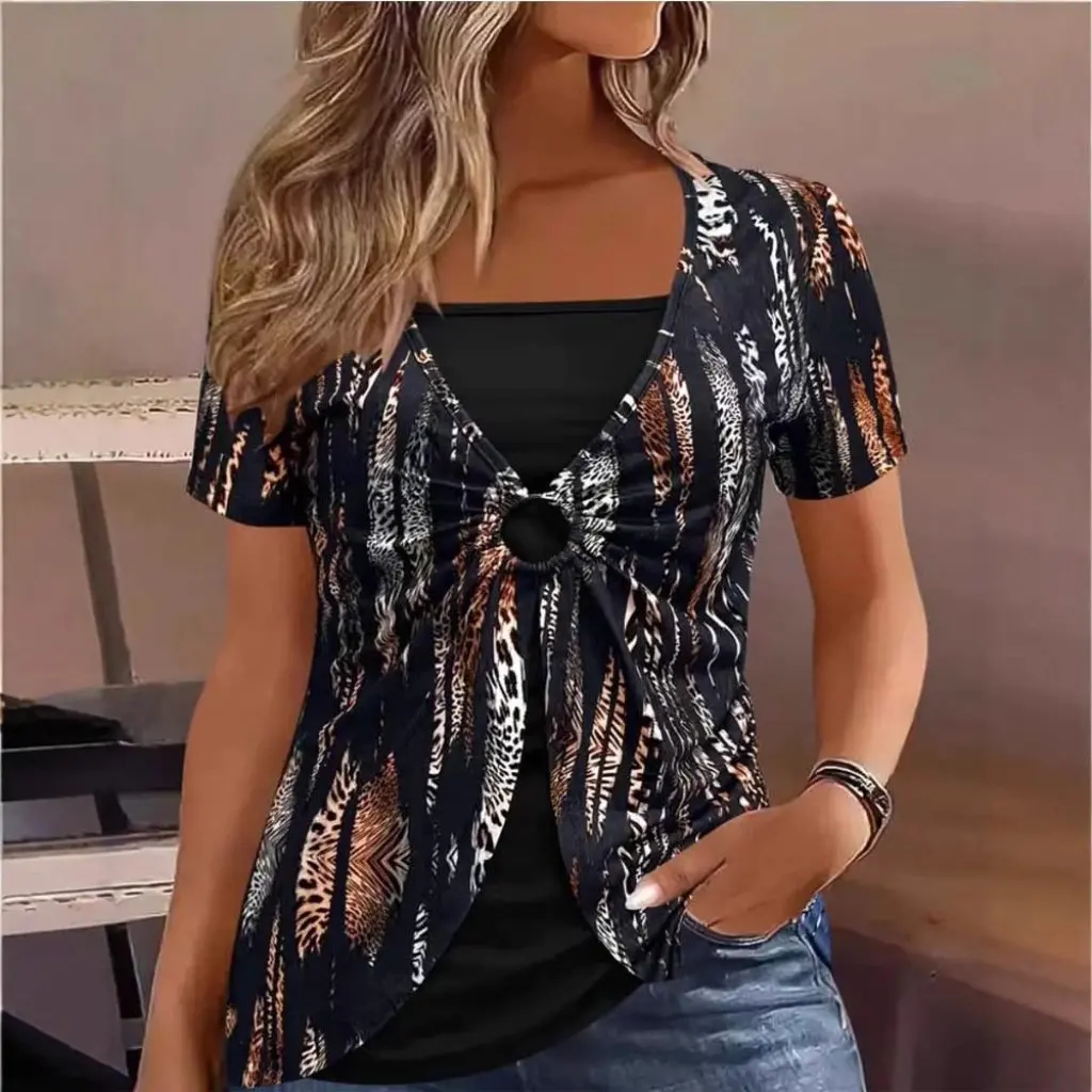 

Женская футболка с этническим принтом и коротким рукавом, искусственный двухсекционный стиль с кольцом, повседневный топ, европейско-американская мода