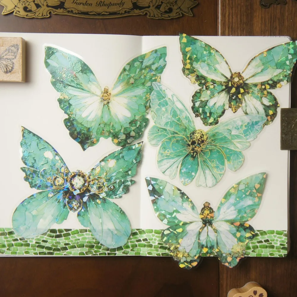 5pcs Big Size Gold Line Glass Shards Put Together Butterfly Style PVC Transparent Sticker Scrapbooking DIY Gift Decoration Tag