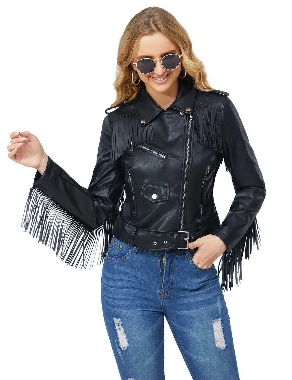 Giolshon Autumn New Leather Fringed Jacket Tassel Spring PU Leather Coat Short Slim Fit Waist Motorcycle Fashion Women Jacket