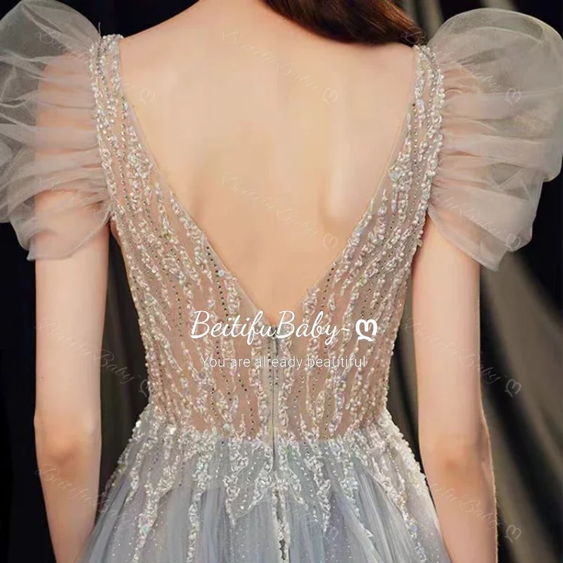 فستان سهرة للنساء على شكل حرف v فقاعة بأكمام قصيرة على شكل حرف a تنورة الأورجانزا فساتين الحفلات النسائية Vestidos Elegantes