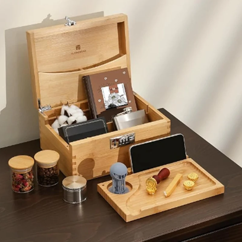 Wooden Box with Rolling Tray Combination Lock Wood Box Large Locking Storage Box with 2 Airtight Glass Jars Accessories Combo