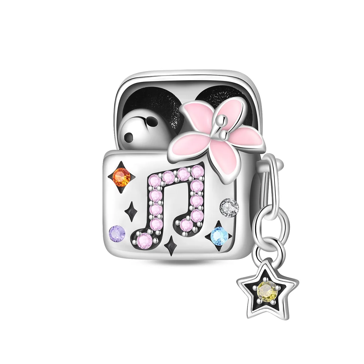 925 Sterling Silver Earbud Case Music Note Charm Bead Pink Flower Star Dangle Zircon Joy‑Melody Fit DIY Bracelet Jewelry Gift