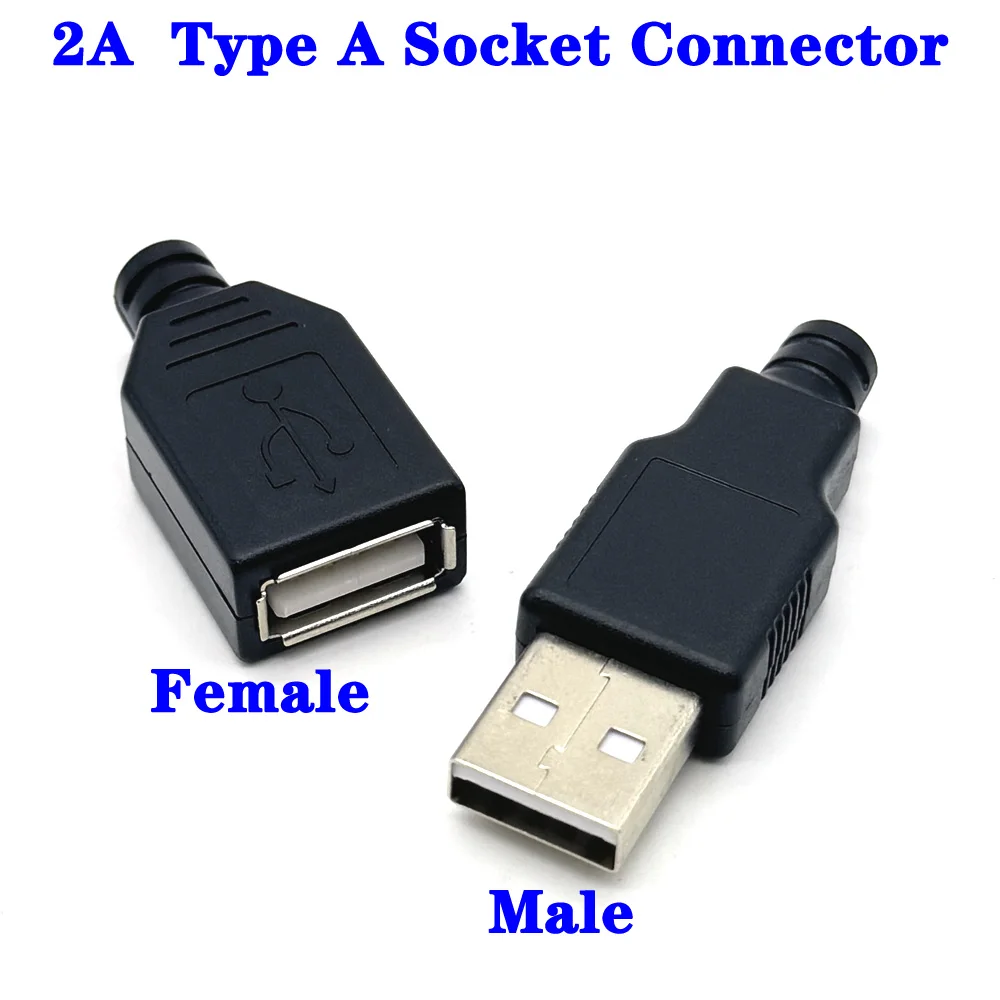2A Type A Male Female USB 4 Pin Plug Socket Connector With Black Plastic Cover Type-A DIY Kits