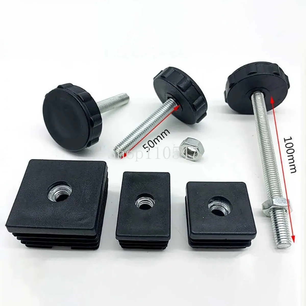 1P-10Pcs Table Leg Plug With Nut and Adjustable Feet M8/M0x50/100mm Black Square/Round Furniture Rack Height Adjustable Foot Cup