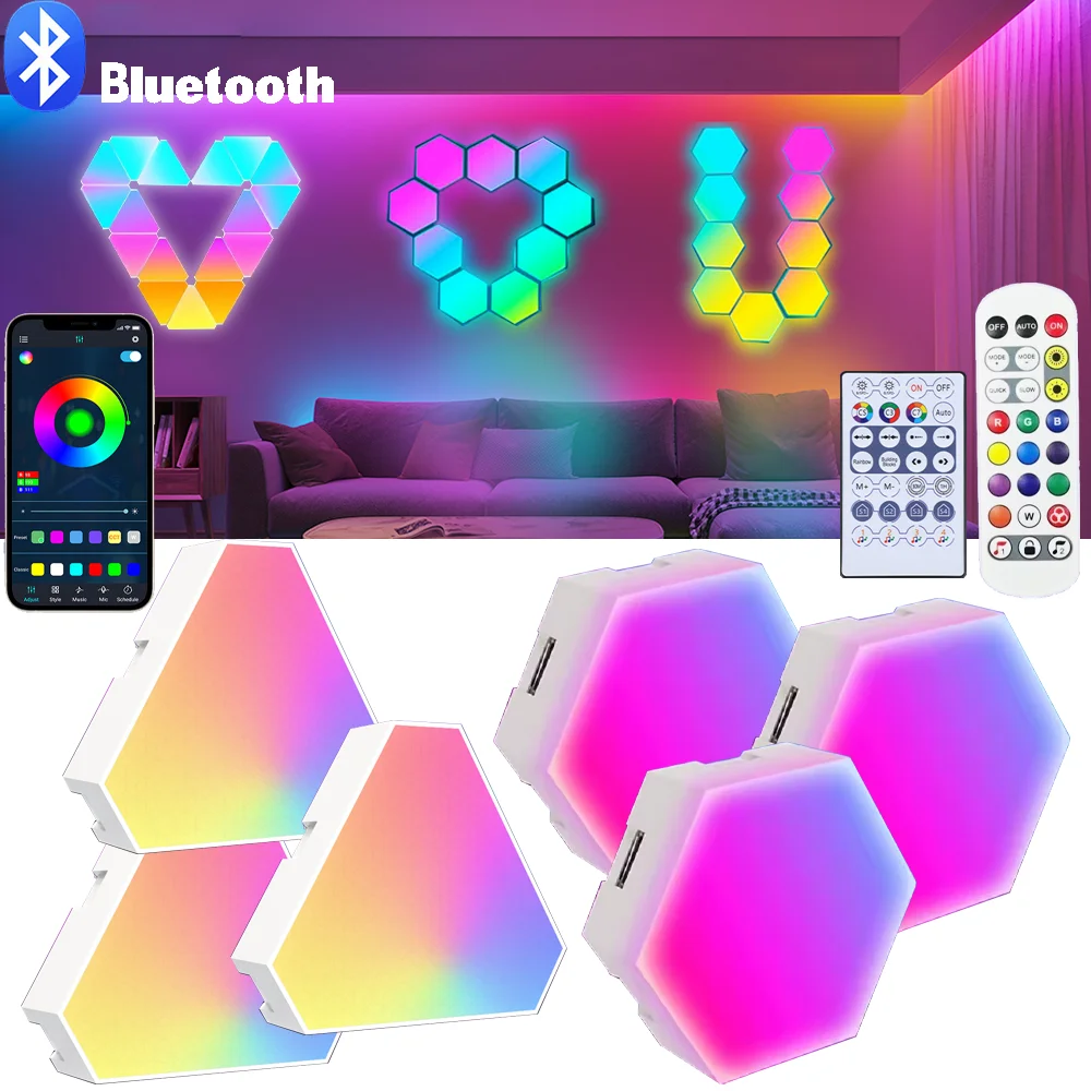 

RGB умный шестиугольный настенный светильник Bluetooth приложение дистанционное управление треугольная квантовая лампа с регулируемой яркостью DIY форма игровой комнаты декор спальни