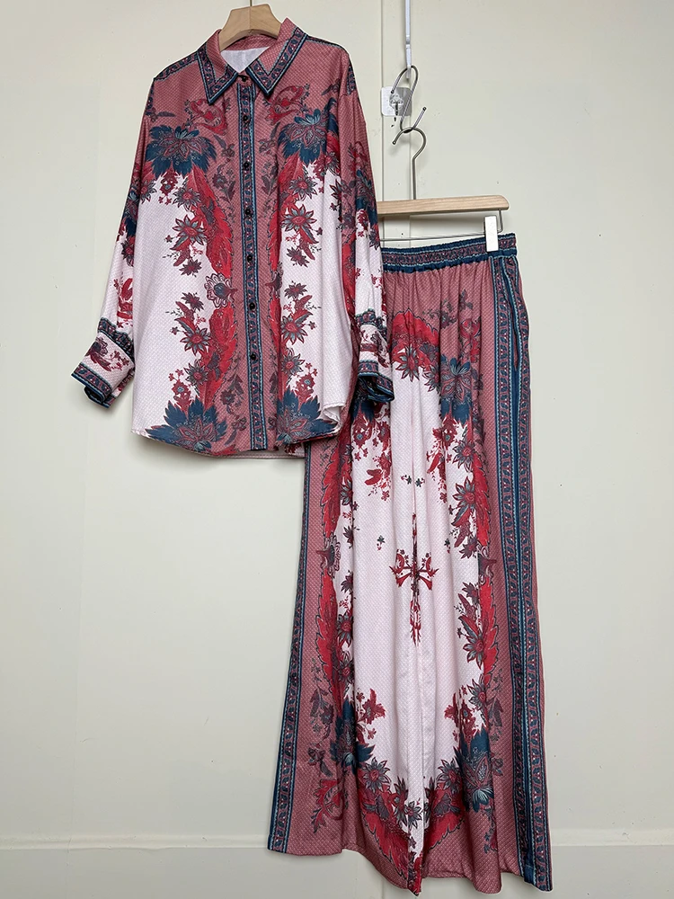 

2025 Autumn Women's Retro Geometric Printed Collar Straight Shirt Two Piece Set+Elastic Waist Loose Wide Leg Pants Fashion Set
