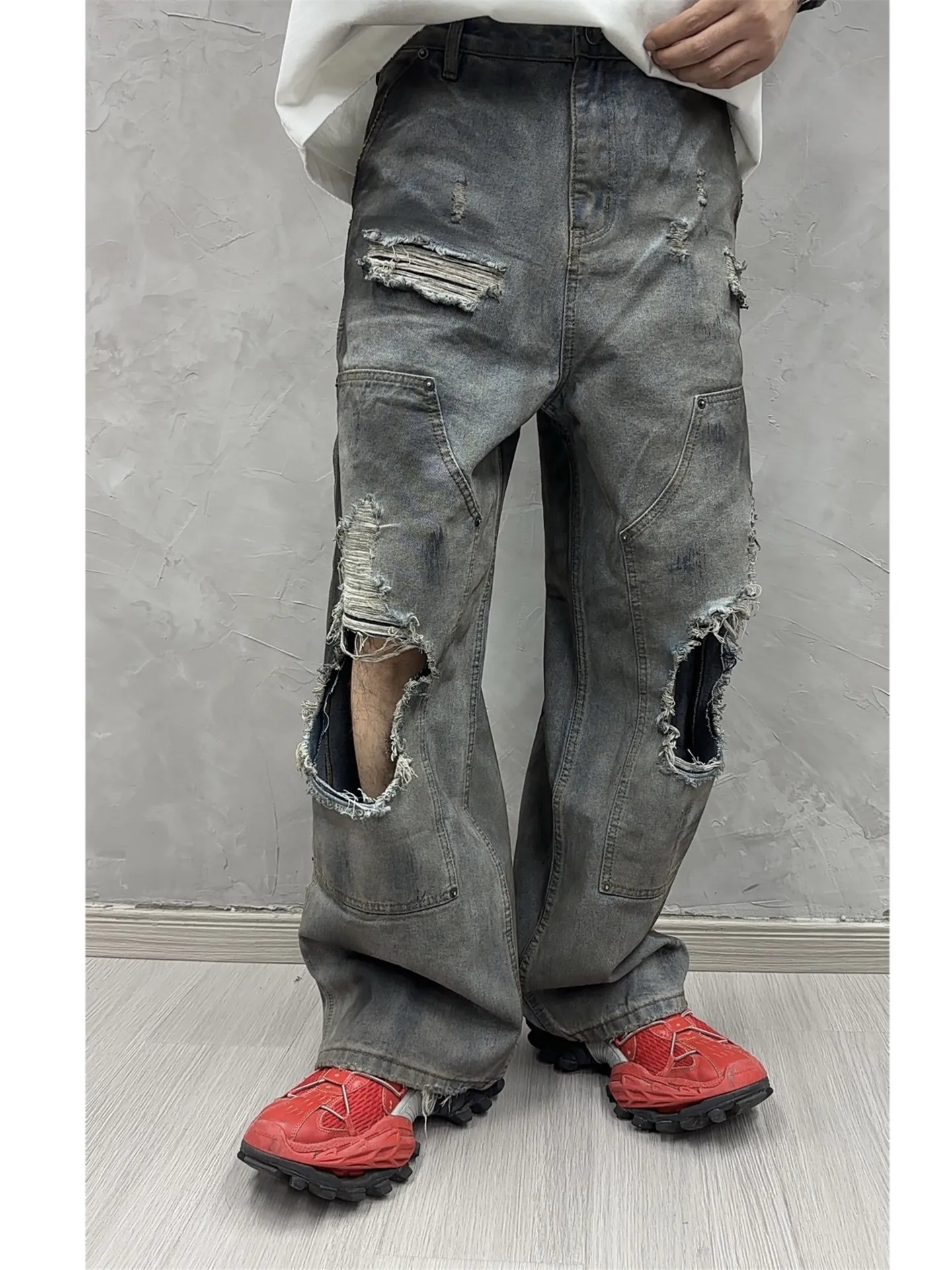 Fashion Distressed Dirty Dyed Loose Jeans Personality Ruan Handsome Big Ripped Wide-Leg Pants High Street Casual