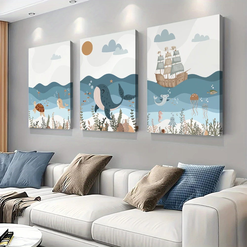 3PC, Ocean themed canvas decorative painting, children's room cartoon animal hanging painting, cute sea turtle unicorn whale ill