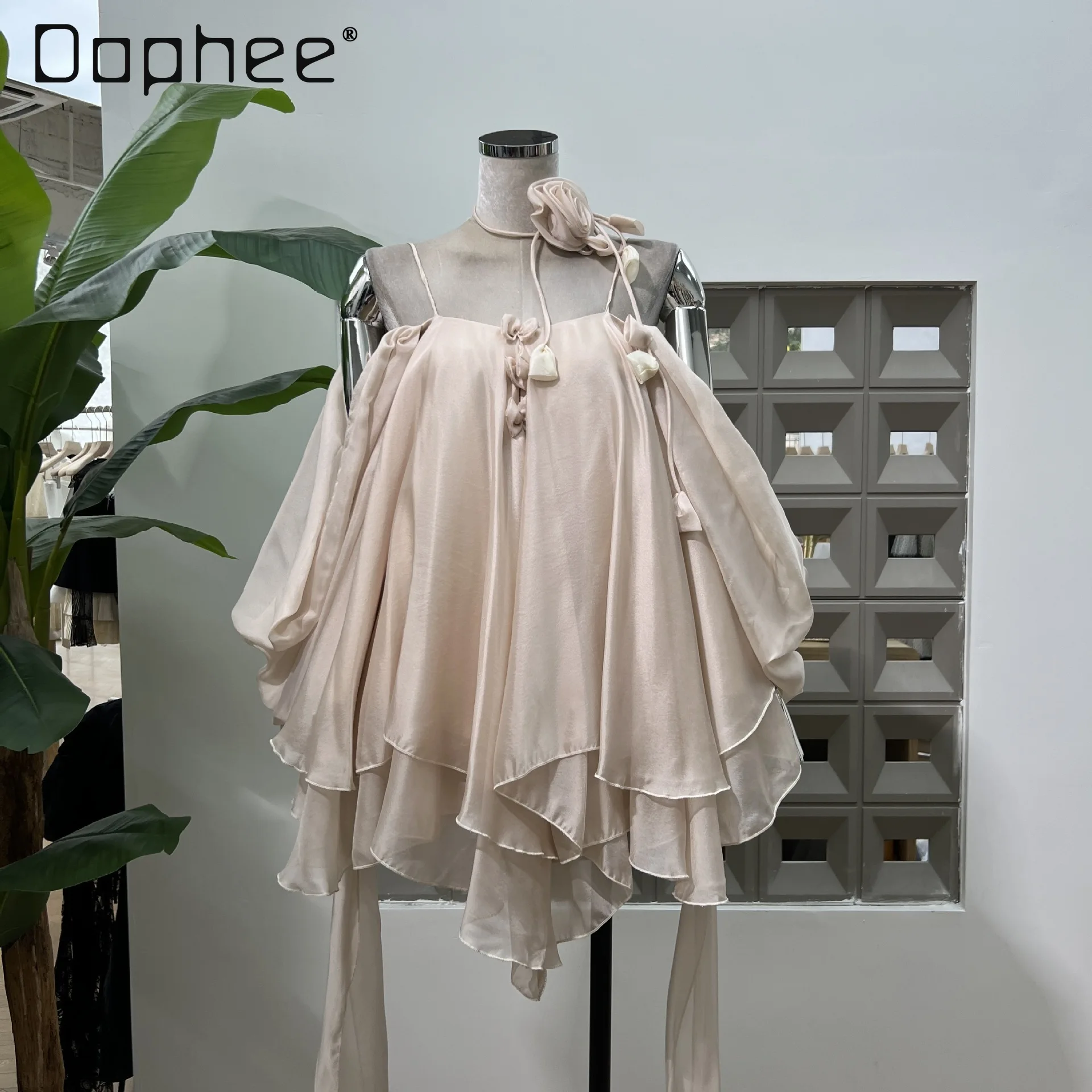 Vestido de tirantes estilo hada francés elegante, dulce y bonito vestido de baile ajustado JSK con flores tridimensionales para mujer, vestidos de noche