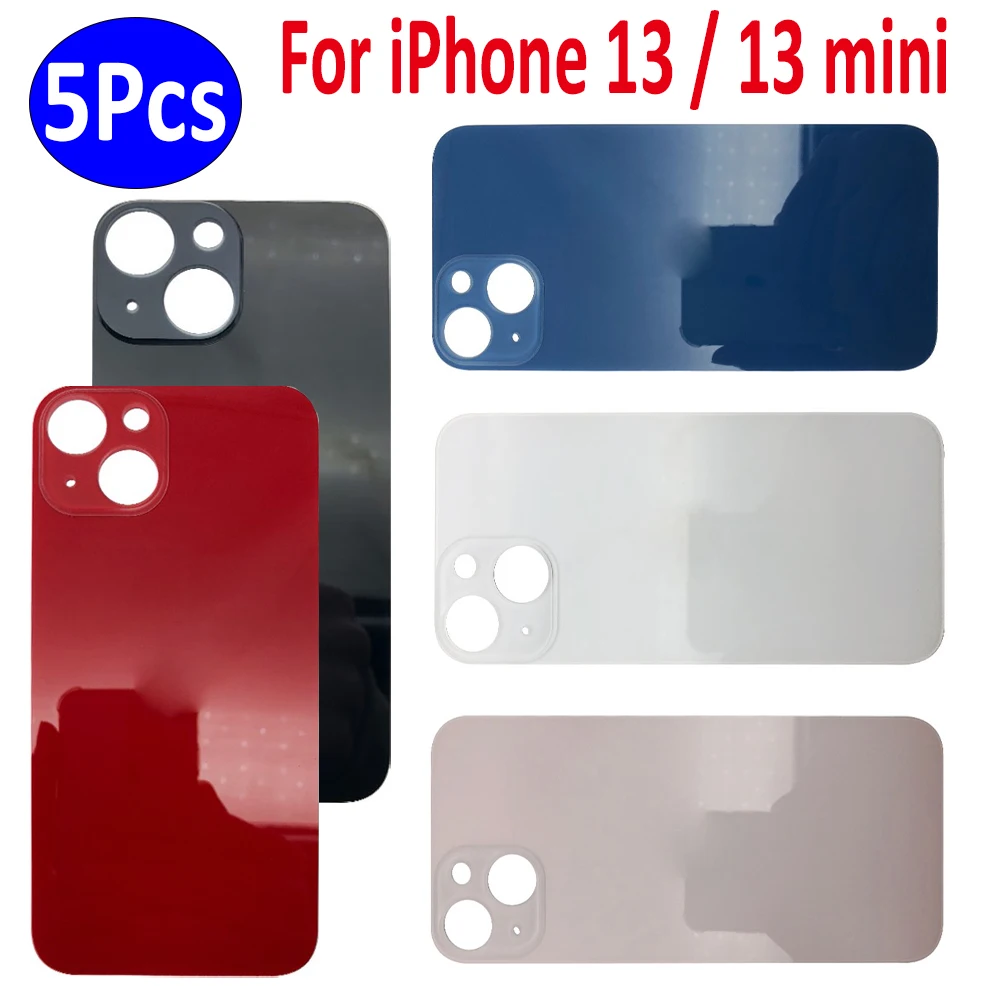 5Pcs，Replacement For iPhone 13 Mini Big Hole Battery Cover Rear Door Glass Panel For iPhone 13 Back Housing Case With Adhesive