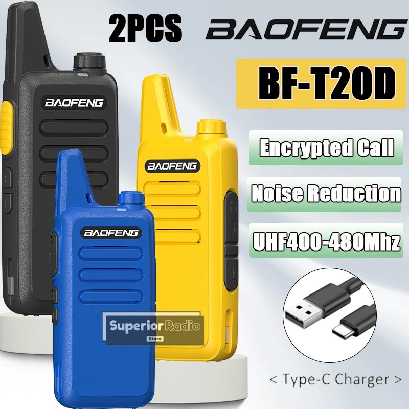2PCS Baofeng BF-T20D Walkie Talkie UHF Encrypted Call USB-C Charging Noice Reduction VOX Portable Mini Radio Upgraded Of BF-T20