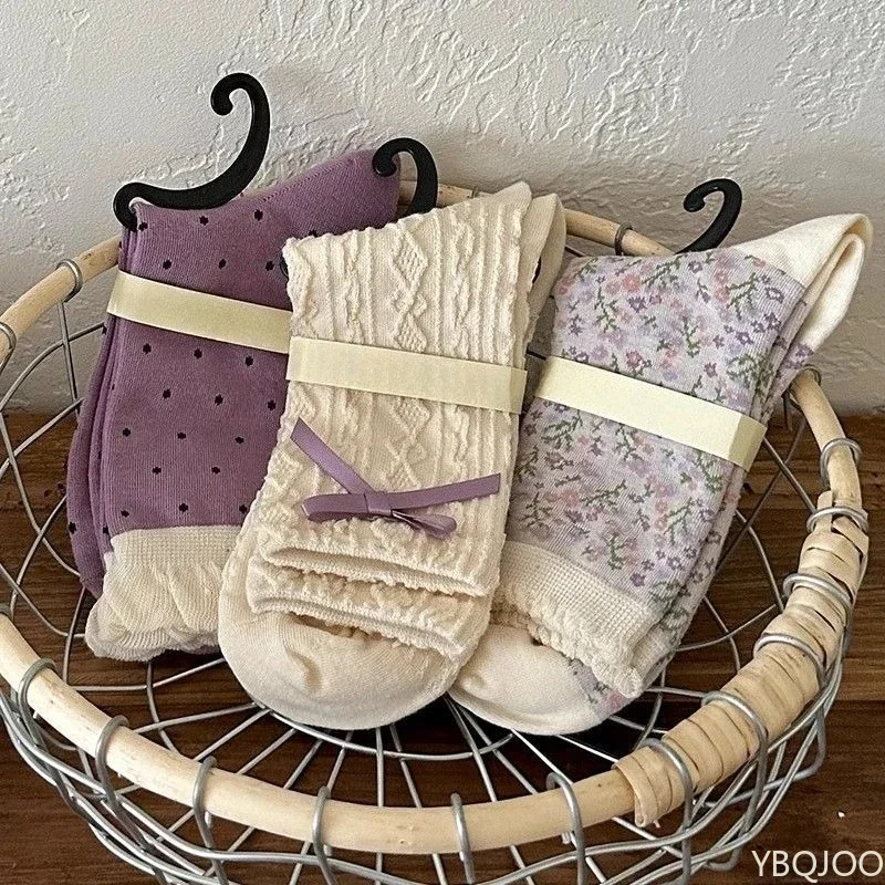 5 Pairs of Purple Floral Socks Mid Length Socks Cute Girl's White Bow Mid Length Socks Sweet Retro Casual Comfortable Lace Socks