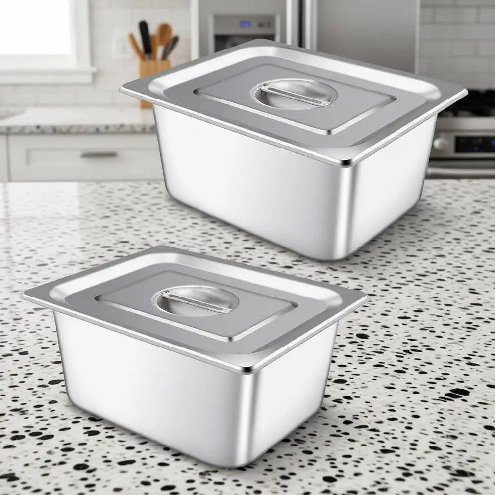 

Набор из 2-х гастроемкостей с крышками, размер 1/2 x 6 дюймов, коммерческие гастроемкости из нержавеющей стали, для ресторанных паровых столиков