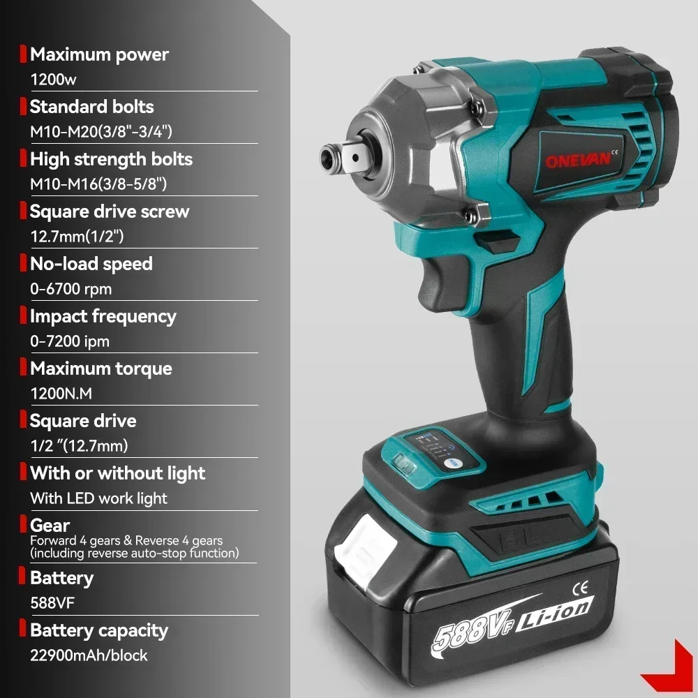 ONEVAN 1200 N.m Brushless Electric Impact Wrench 1/2\'\' Cordless 3 Funtion Electric Screwdriver Drill Tool For Makita 18V Battery