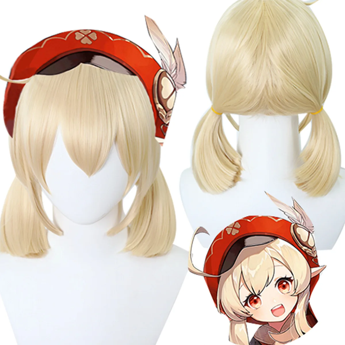 Klee Cosplay-Perücke, blond, mit 2 Pferdeschwänzen, Genshin Impact, Cosplay, hitzebeständige synthetische Halloween-Perücken