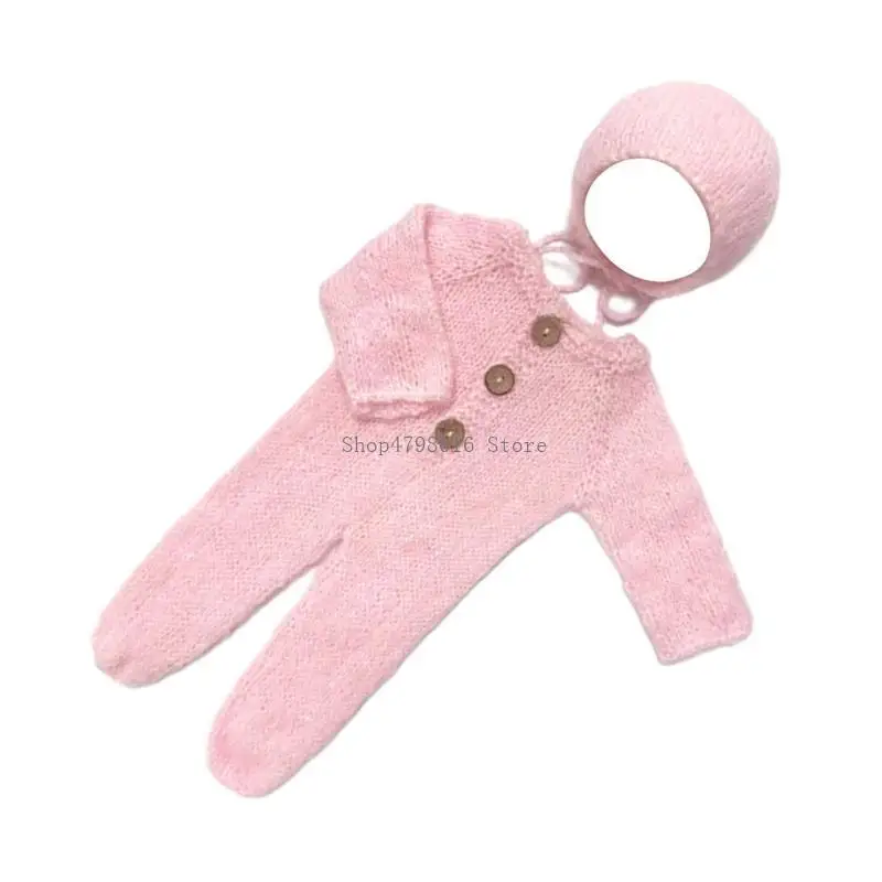 1 Set Lovely Newborns Photography Suit Comfortable Knitted Bonnet Hat & Romper Long Sleeved for Pictures Taking
