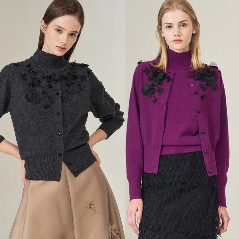 

Ele Heavyweight Knitted Cardigan Svel Vest Two-Piece Set Women's Spring Faion Floral Decoration High Collar Long ...