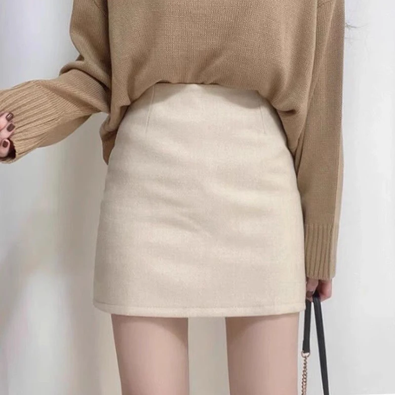 2026 Damen Klassische Mode Dünne A-Linien Wollröcke Einfarbige Hochtaillierte Röcke Mädchen Koreanischer Wickel-Hüftrock Kurzes Kleid