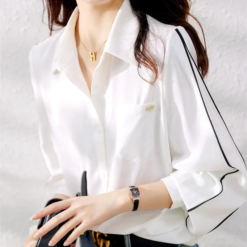 Office Lady Solid Color Polo-Neck Shirt Spring Autumn Bright Line Decoration Stylish Pockets Three-dimensional Decoration Blouse