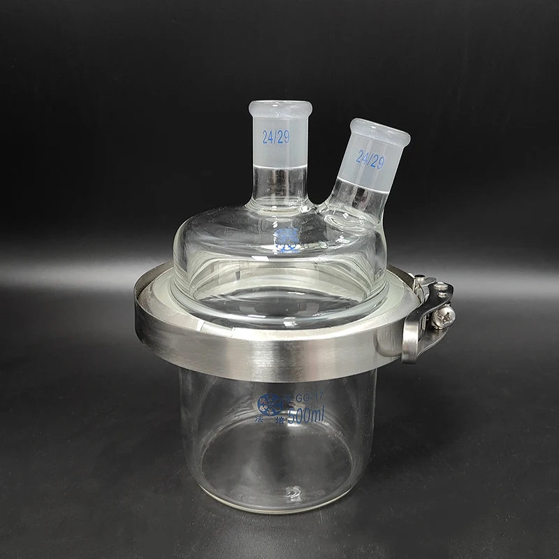 

Single-layer cylindrical flat bottom open reactor bottle 500mL,150mm flange,Stainless clip,Cover with 2-necked oblique 24/29