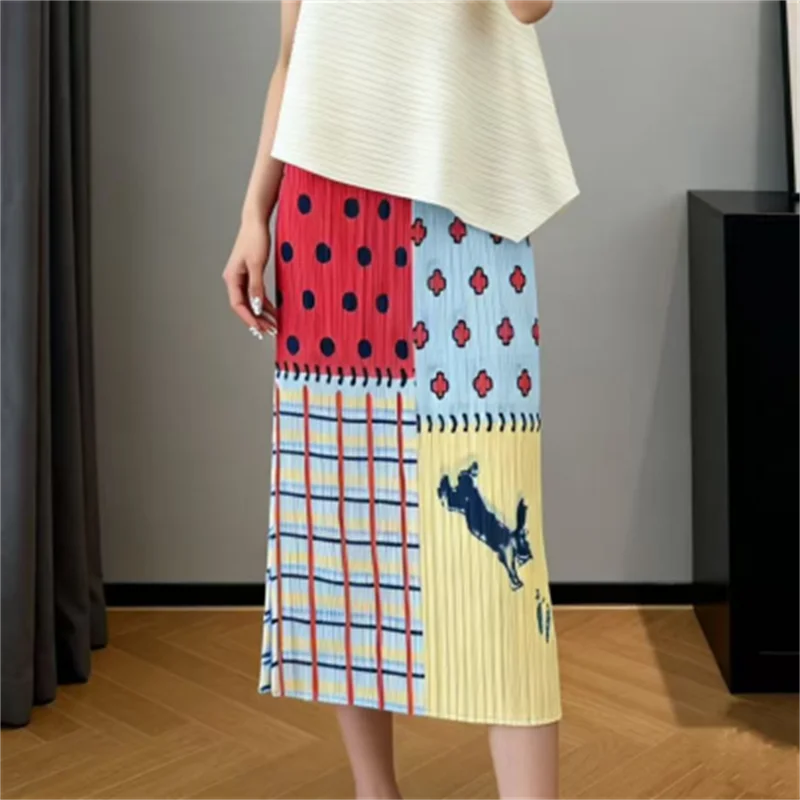 Miyake Colorblock Patchwork Design Printed Women's Pleated Skirt Elastic Waist Slimming Straight Skirts Summer New