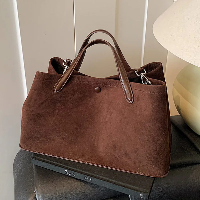 

Retro Suede Tote Bag Versatile Simple Large Capacity Women Autumn Style Shoulder Bag Horizontal Square Crossbody Bag With Wallet