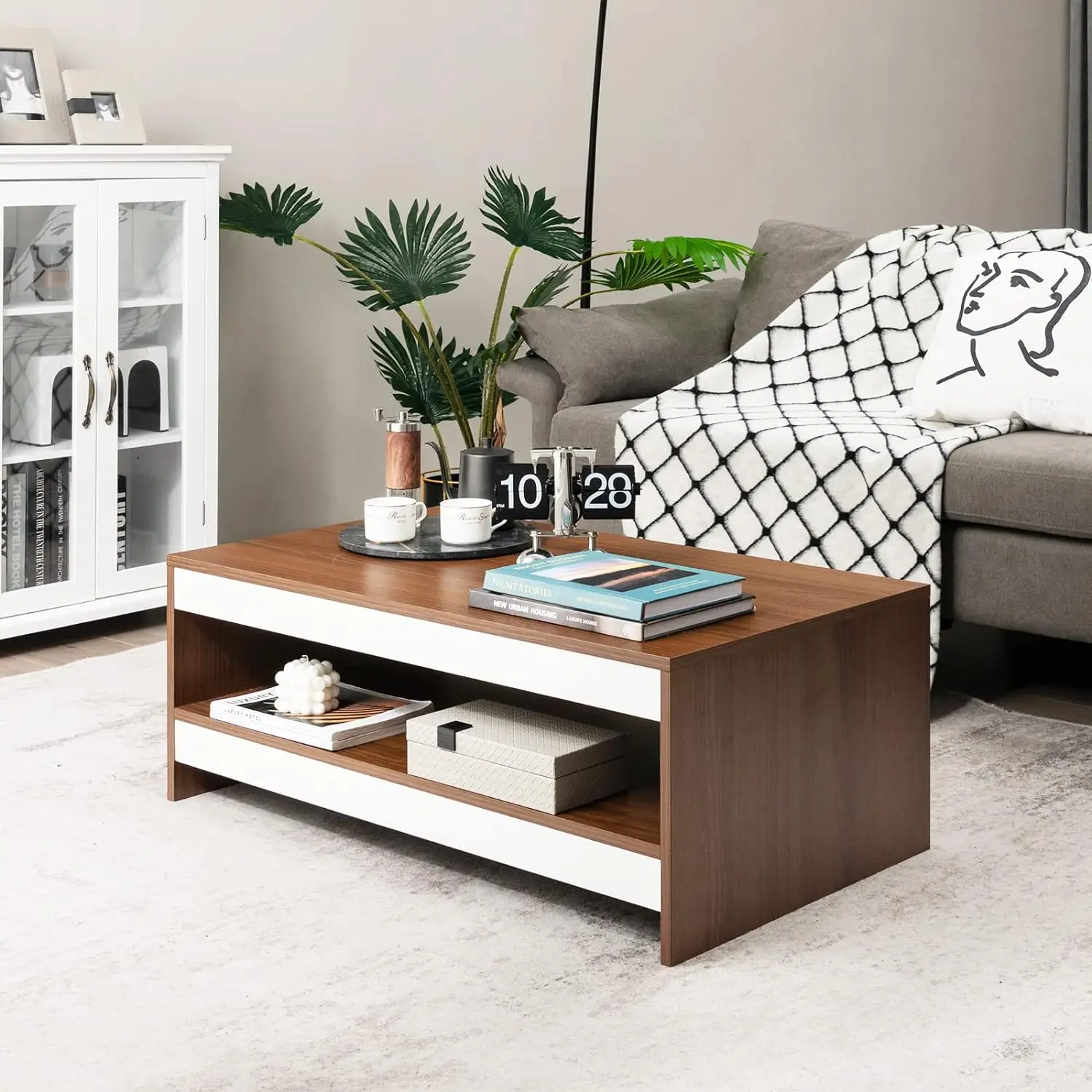 

Modern Coffee Table for Living Room, 2-Tier Rectangle Coffee Table with 37" Large Tabletop and Open Shelf, Wood Central