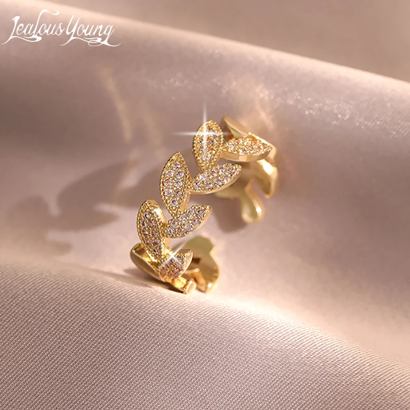 Gold Color Hipster Women Fashion Ring Luxury Zircon Leaf Personality Index Plant Finger Open Rings Wedding O Anel