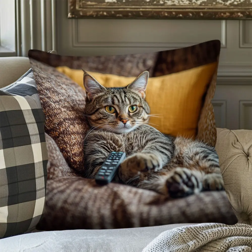 Contemporary Hypoallergenic Pillow Cover Adorable Fat Cat & Remote Zipper Closure Cushion Cover Bedroom & Living Room Decor