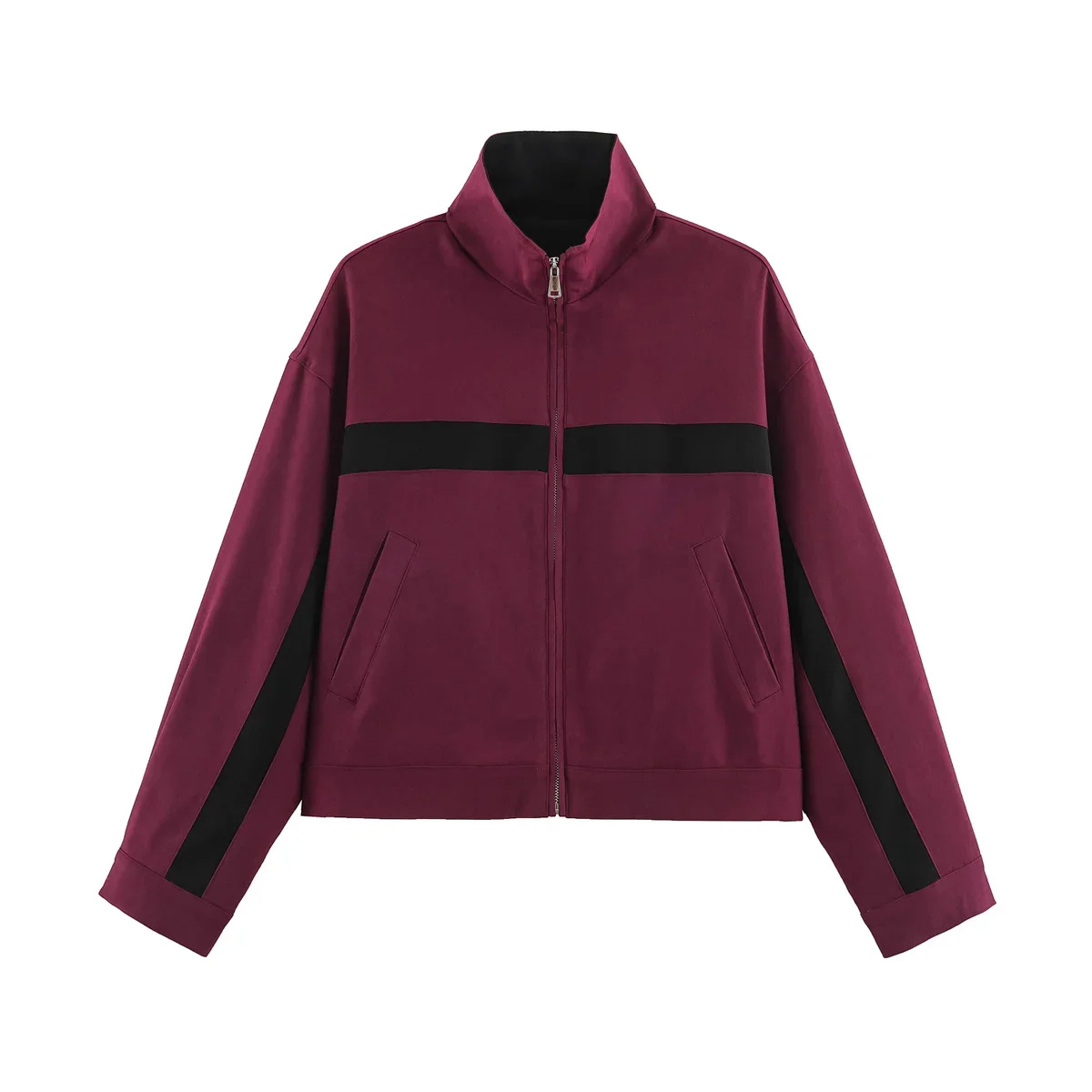 FANAN Damen Kontrast-Streifenjacke mit Reißverschluss Neu 2026 Herbst Stehkragen Langarm Damenmäntel Einfache Damenoberteile – Detail 6