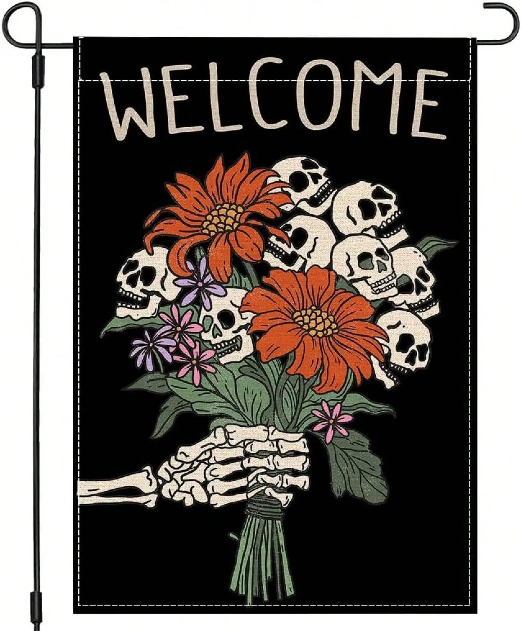Halloween Garden Flag 12x18 Inch Double Sided Welcome Skull Flower Skeleton Gothic Spooky Halloween Decorations