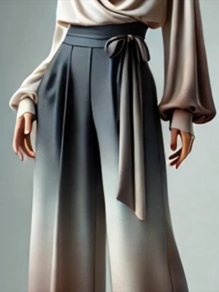 Lemongor, pantalones Palazzo degradados de cintura alta para mujer, nueva moda 20225, pantalones informales de pierna ancha con cintura atada, pantalones de oficina