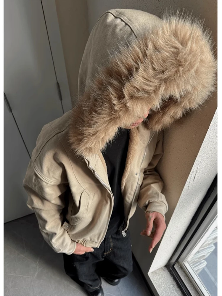

Thiened Fce Lined Hooded Cotton Jaet Men's Winter Heavyweight Canvas Waed Fur Collar Workwear Cotton Coat