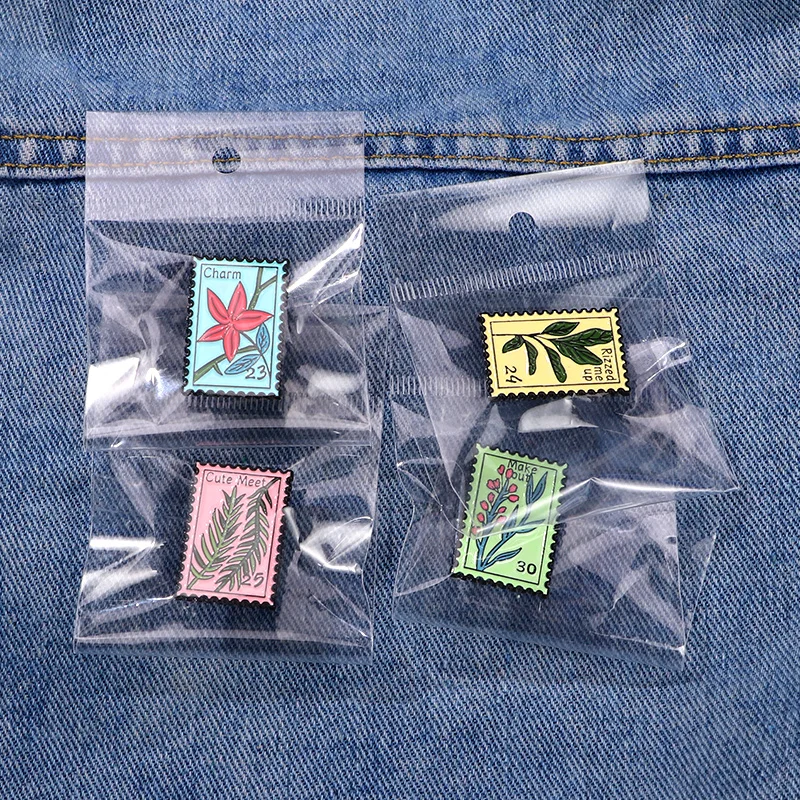 stamp-themed plant enamel pins, designed in a retro playful style Cute Meet Postage Shaped Brooches For Clothes Jewelry