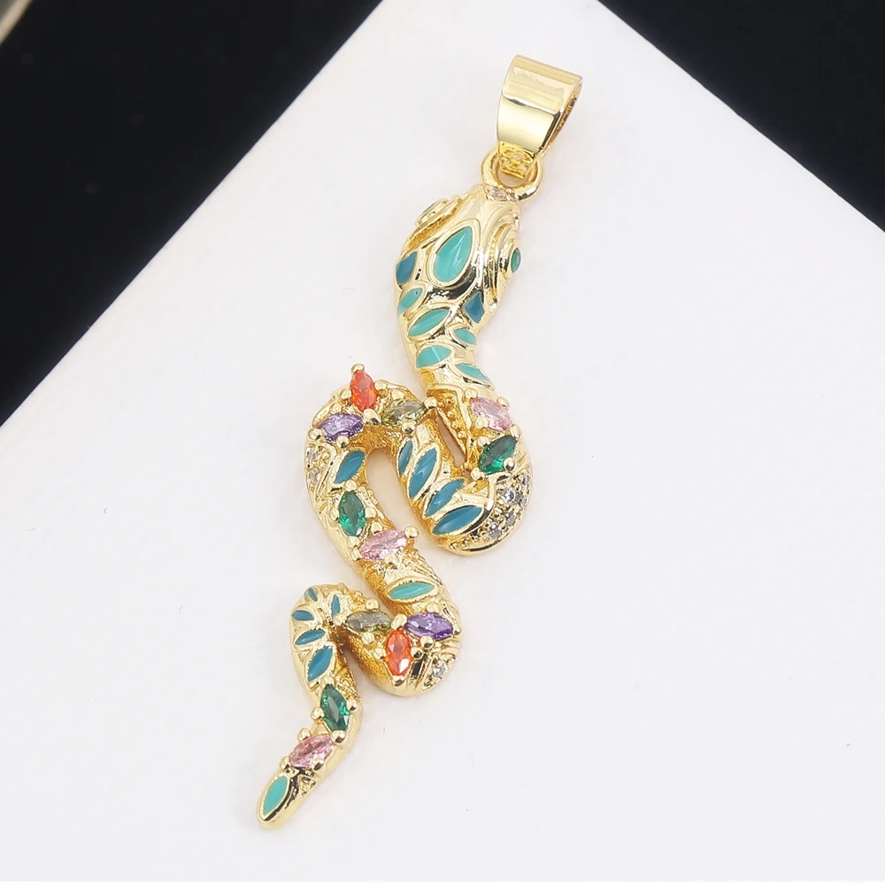 Juya 18K Real Gold Plated Handmade Green Gem Eyes Snakes Enamel Charms Supplies For DIY Women Men Punk Jewelry Making Pendants