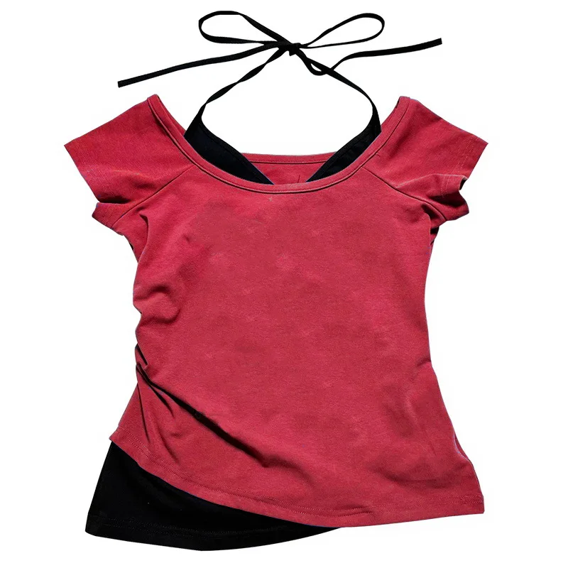 Sweet Summer Fake Two-Piece American Sweet and Spicy Short-Sleeved T-shirt Women's Slim Top Trendy Light Board Y2k Style