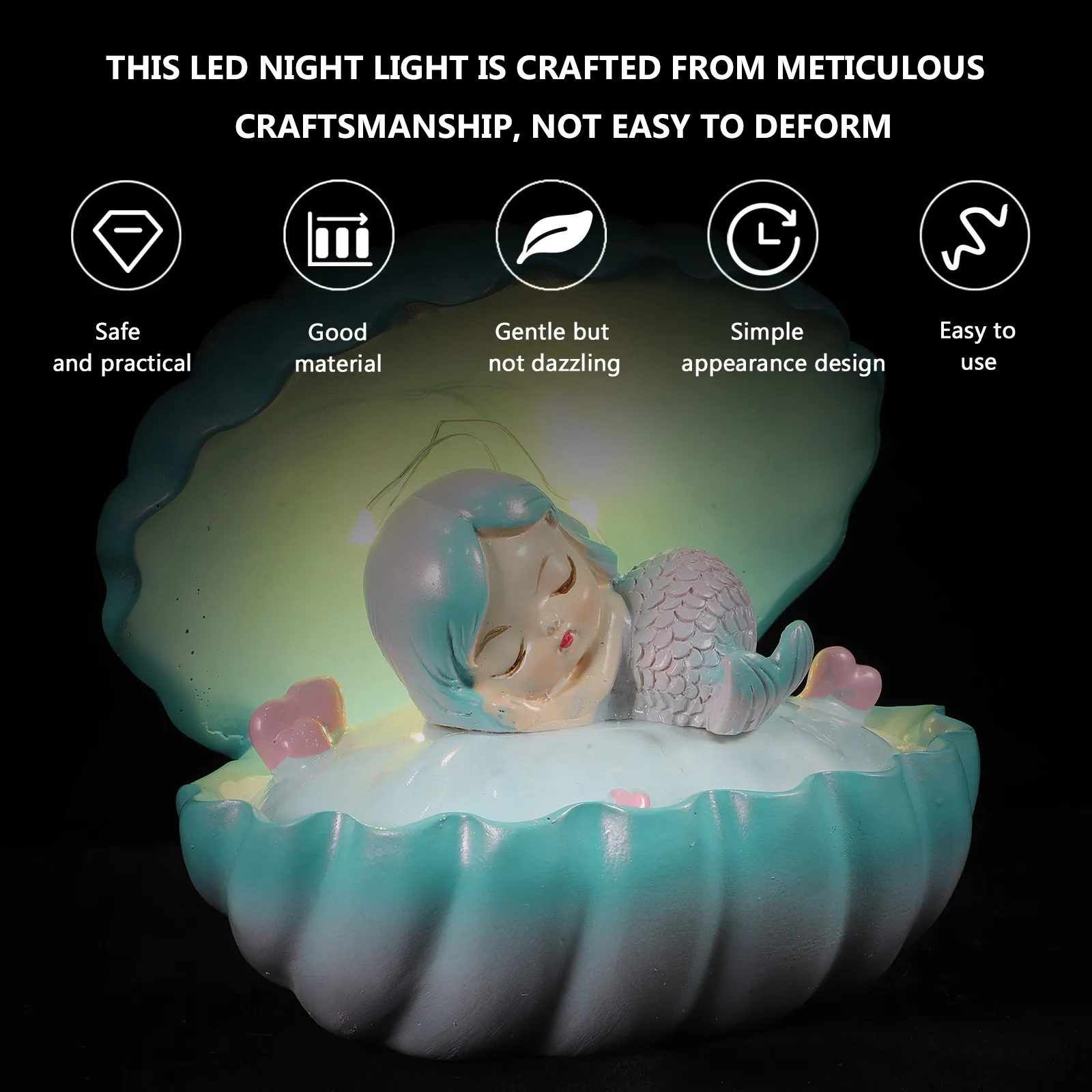 Mermaid LED Night Light Shell Table Lamp Compact Size Soft Eye Protection Light Decorative Bedroom Night Lamp for Bedside