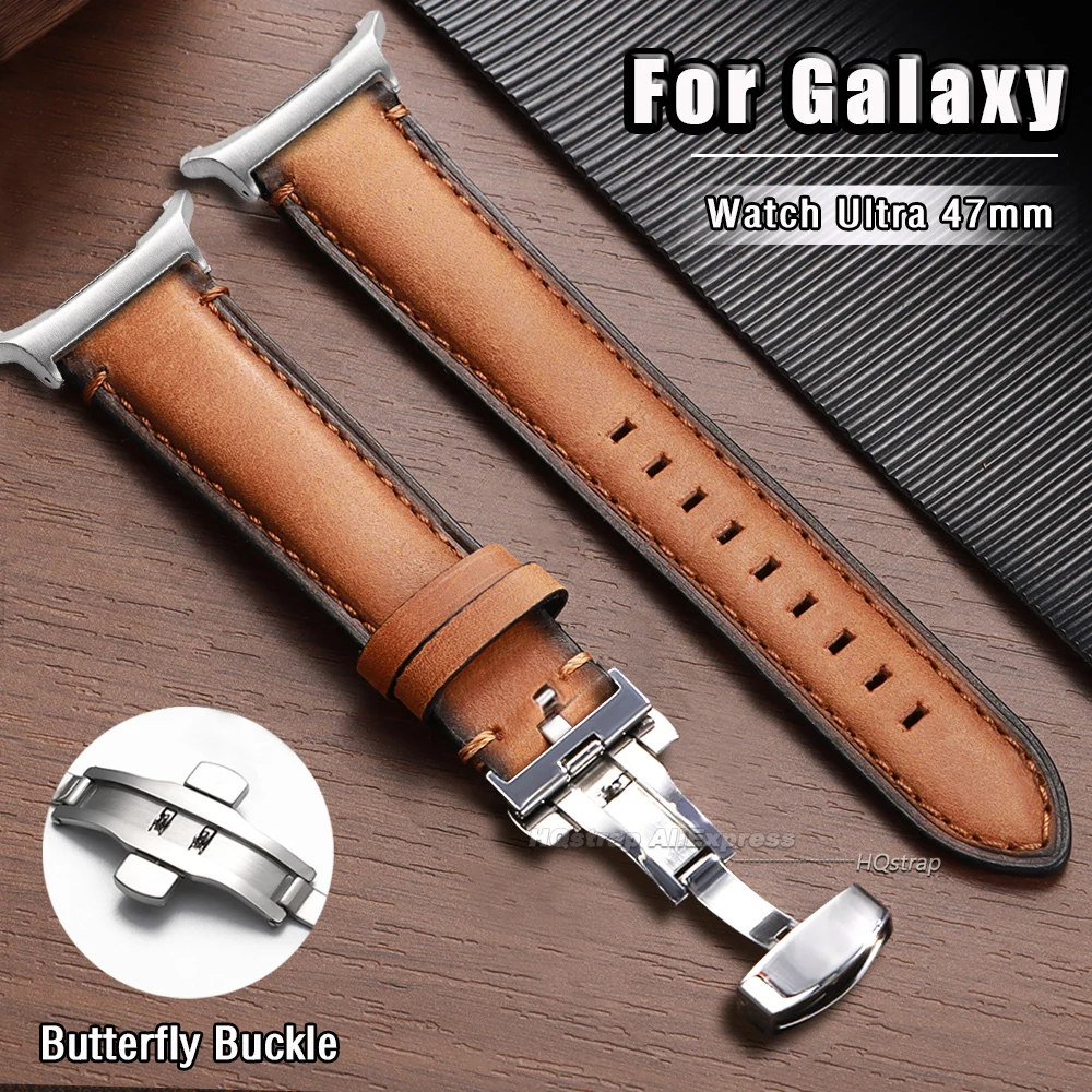 Bracelet en cuir vintage pour Samsung Galaxy Watch Ultra 47 mm, boucle papillon, bracelet de remplacement pour Galaxy Watch 7 47 mm