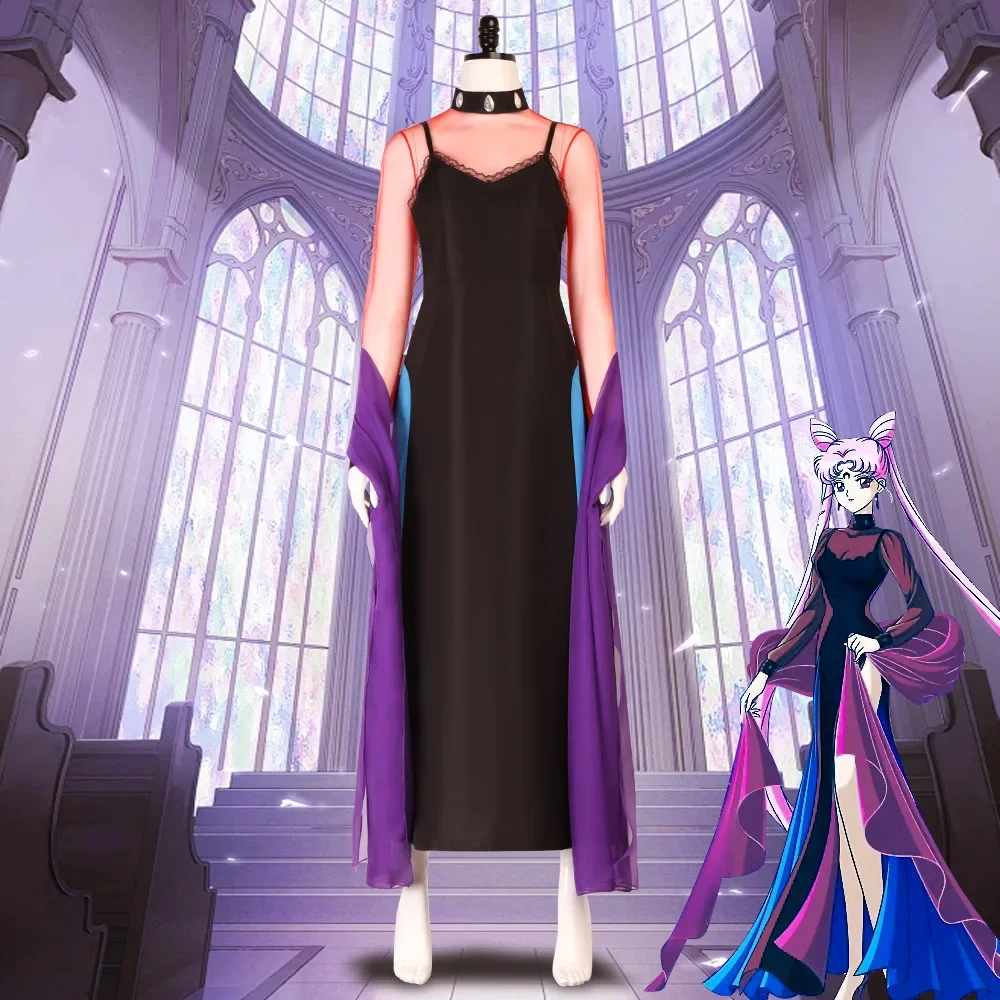 

Anime Queen Serenity Cosplay Costume Black Evening Long Dress Shawl Mesh Top Wig Adult Woman Sexy Carnival Halloween Suit
