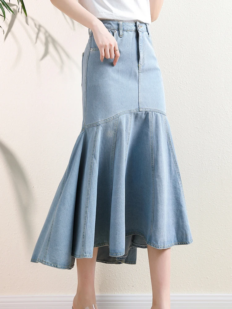 Vintage Light Blue Mermaid Skirts Women Zipper High Waist Denim Skirts Female 2023 New Chic Trumpet Skirts Ruffers Mujer Faldas