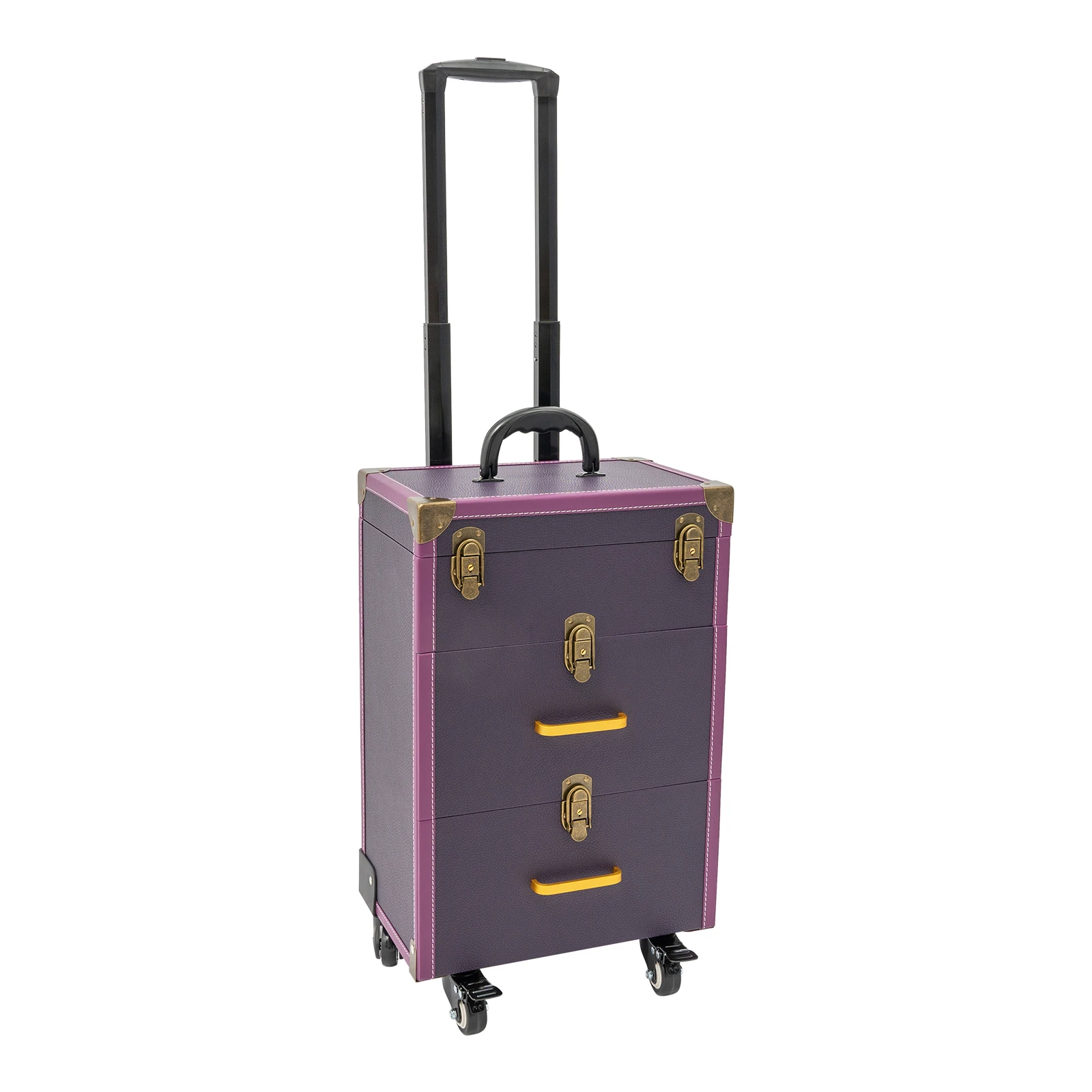 Black/Purple Traveling Cart Trunk Professional Cosmetic Trolley Large Storage with Keys Swivel Wheels Salon Barber Case