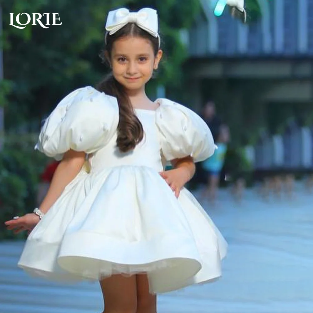 

LORIE Girl Dress Lace Back Puff Sleeve A-Line Straight Tutu Tulle Party Ivory Flower Girl Dress Csustomized Flowers Girls Dress