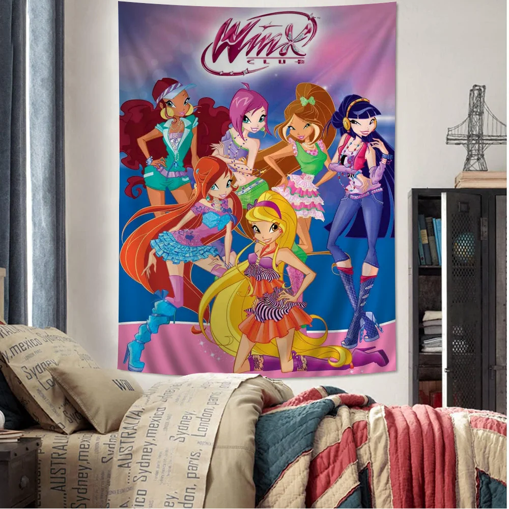 GirlS Cartoon W-Winx Printed Large Wall Tapestry Wall Hanging Decoration Household Decor Blanket