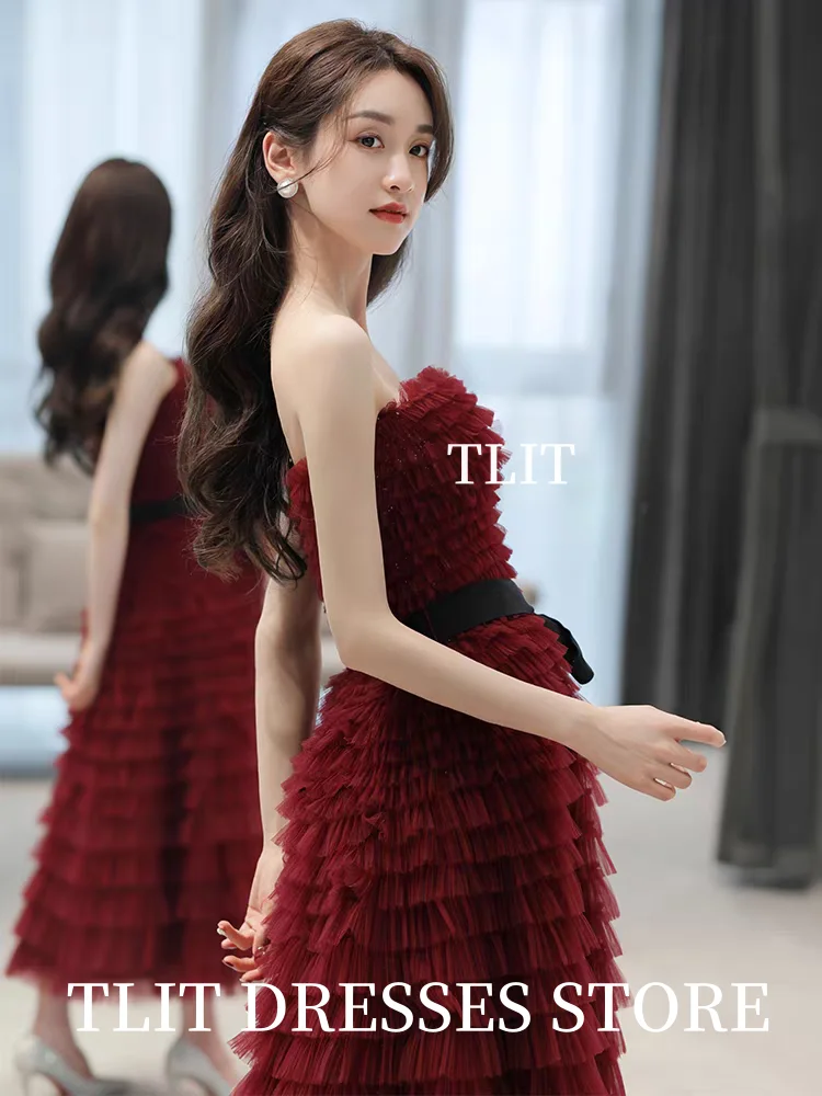 TLIT Elegant Rozerood Plooien Tule Gelaagde Avondjurk Strapless  aosМ Esperendus?vanie Zwarte Sjerpen Enkellange Gala Op maat