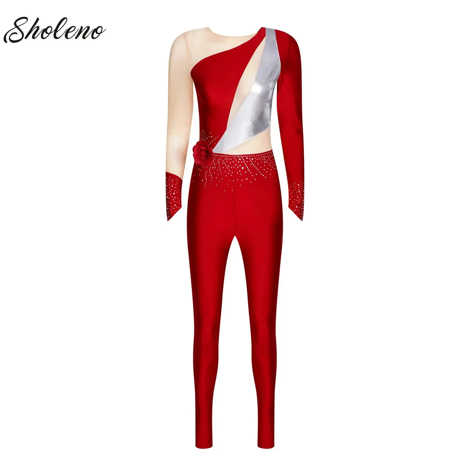 

Women Sparkle Rhinestones Gymnastics Unitard Ballet Dance Bodysuit Jumpsuit Figure Ice Skating Jersey Performance Dancewear