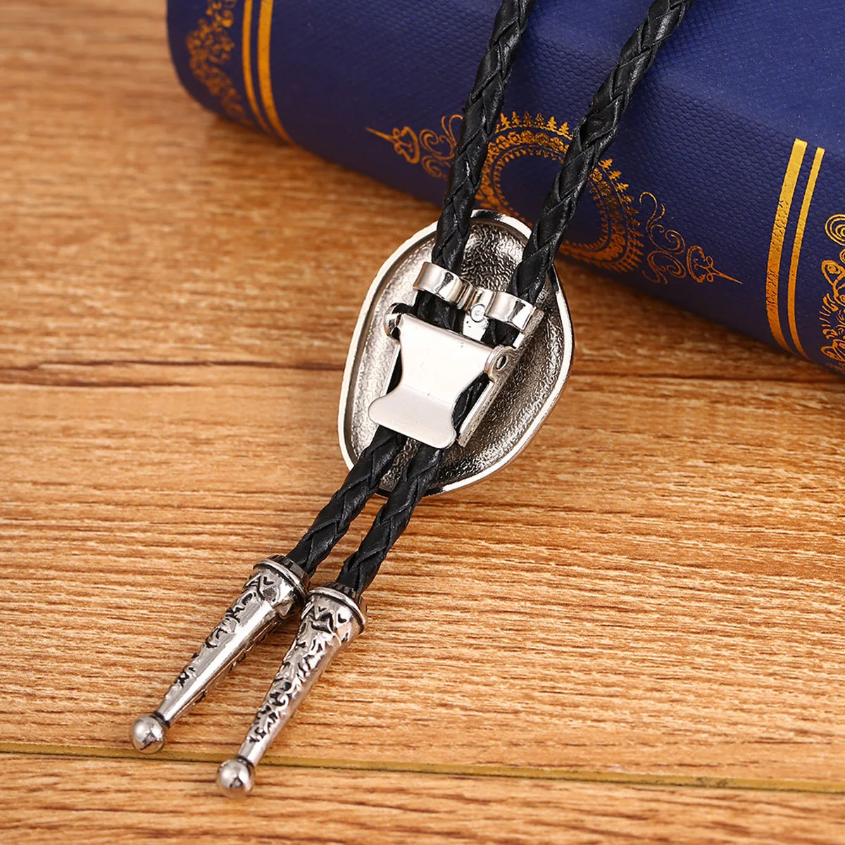Men Women Western Cowboy Bolo Tie Irregular Black Gemstone Antique Silver Pattern Bola Tie Braided Leather Neck Accessory