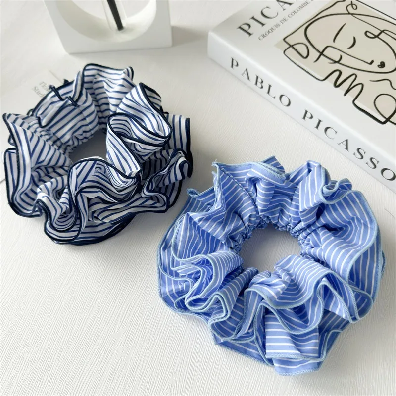 Trendy Striped Blue Oversized Multi-layer Scrunchie Headwear 2024 Korean Exaggerated Ponytail Hair Ties Women Hair Accessories