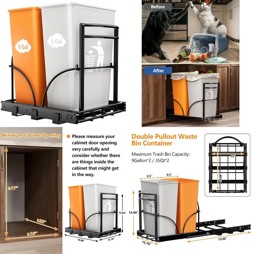

Double Cabinet Pull-Out Trash Can Rack for 7-9 Gallon Bins, Fits Under Sink, Space-Saving Kitchen Organizer