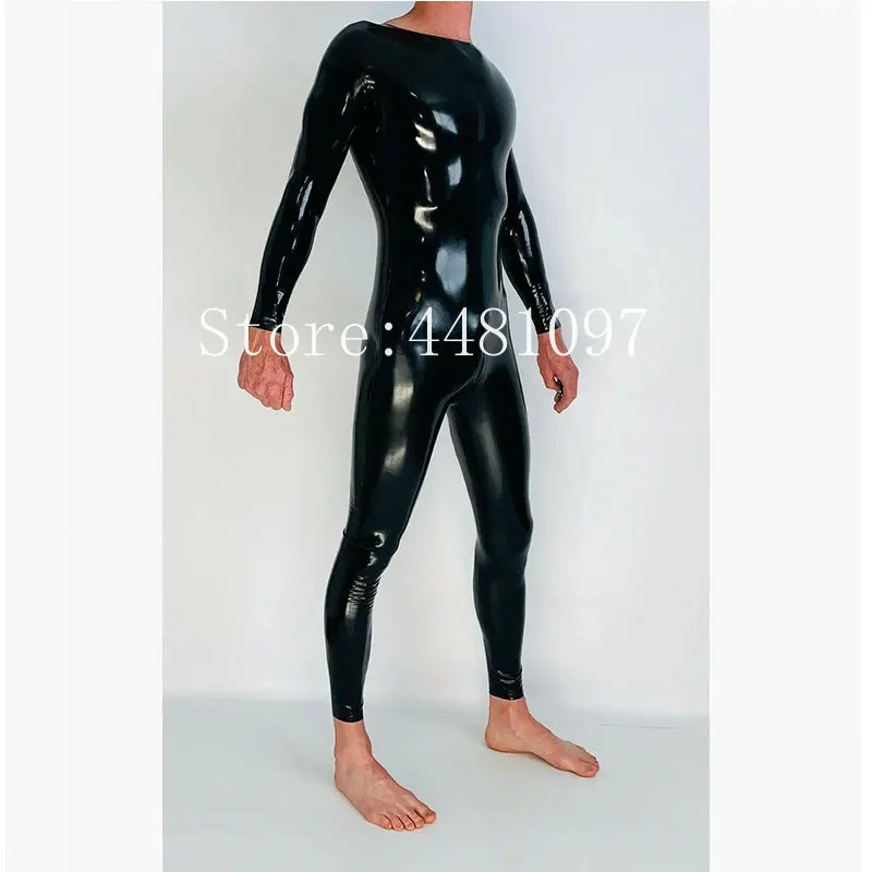 

Handmade Black Men's Neck Entry Latex Catsuit with Crotch Zipper Rubber Gummi Bodysuit