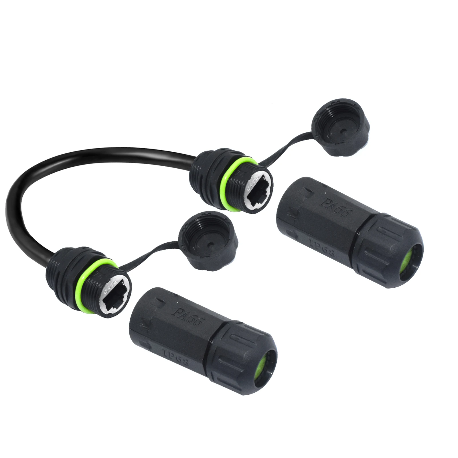 IP68 Waterproof Dual Female RJ45 Panel Mount Coupler CAT6 Shielded 8 Core Tinned Copper Brass Alloy LAN Cable with Dust Cap for